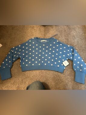 Altar'd State Light Blue Cropped Crewneck Sweater with White Polka Dot